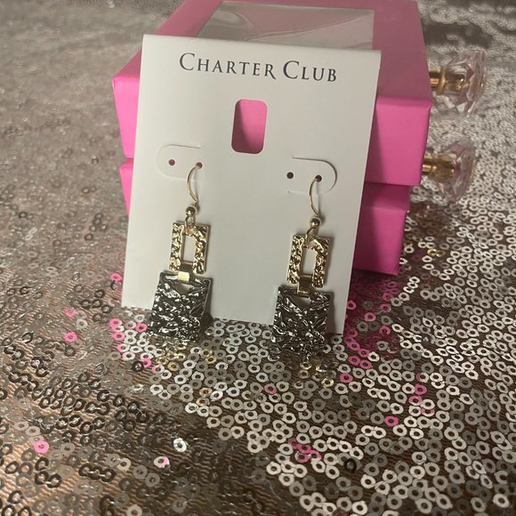Charter Club ~ Gold & Silver Tone Square Earrings - Picture 2 of 3